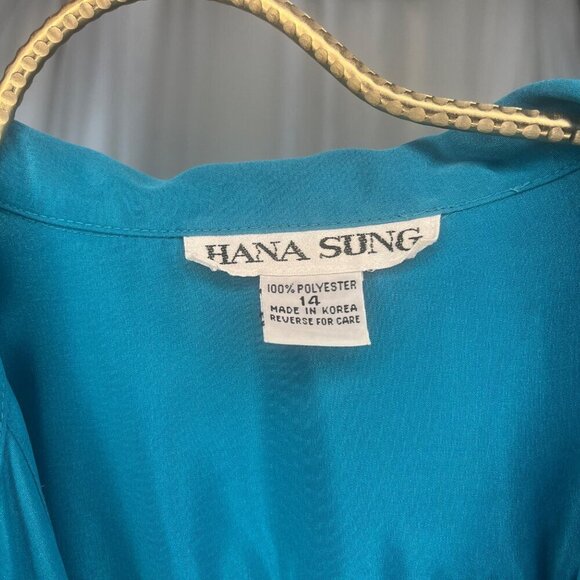 Vintage 80s 90s Hana Sung Belted Midi Dress Blue Long Sleeve Size MED Designer - Picture 8 of 8